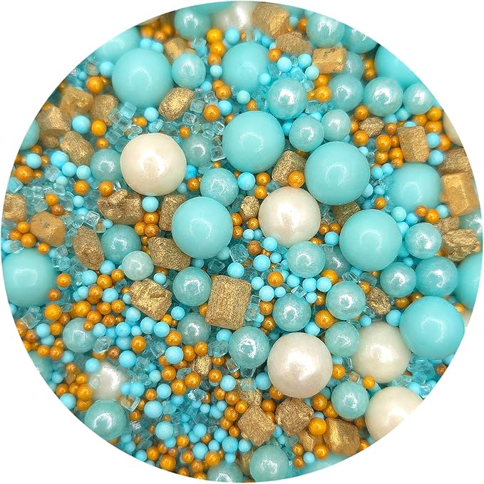 NCS Ocean Breeze Blue, White, and Gold Edible Candy Sprinkle Mix, 8 ounces - Great for Cupcakes, Cookies, Cakes, Cake Pops