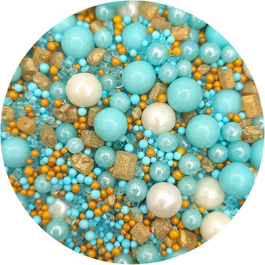 NCS Ocean Breeze Blue, White, and Gold Edible Candy Sprinkle Mix, 8 ounces - Great for Cupcakes, Cookies, Cakes, Cake Pops
