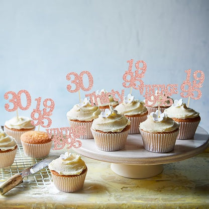 Gyufise 24Pcs Happy 30th Birthday Cupcake Toppers Glitter Thirty 30 Fabulous Vintage 1995 Cupcake Picks for 30th Birthday Wedding Anniversary Party Cake Decorations Supplies Rose Gold