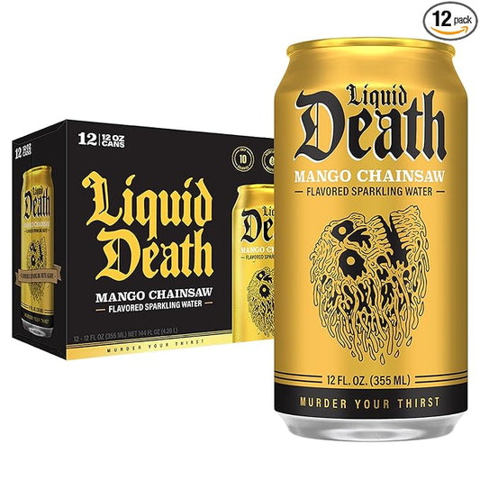 Liquid Death, Mango Chainsaw, Soda-Flavored Sparkling Water, 12-Pack (12oz Cans), Low Sugar, Huge Flavor & No Artificial Sweeteners