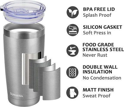 SUNWILL Travel Coffee Tumbler 20 oz, Insulated Mug with Lid, Stainless Steel Cup for Hot and Cold Drinks, Cool Grey