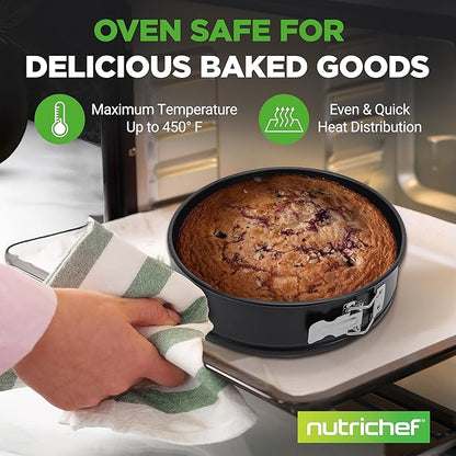 NutriChef 9 Inch Nonstick Cheesecake Springform Cake Pan | Stainless Steel Clasp & Removable Bottom | Durable Stainless Steel Cheesecake Pan | Easy to Clean | Includes 100 Parchment Papers | Black