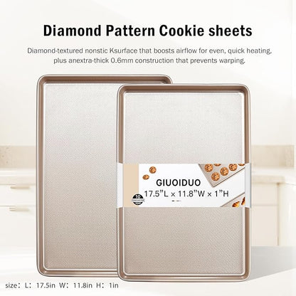 Baking Sheet Pan Set of 2, Cookie Sheets for Oven, Nonstick Half/Quarter/Jelly Roll Pans with Diamond Texture Pattern, 0.8mm Thick Heavy Duty Cookie Tray, Champagne Gold（17.5 * 11.8 * 1inch）
