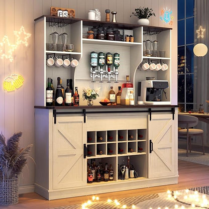 Farmhouse Coffee Bar Cabinet with Charging Station & Sliding Barn Doors - 63" W x 71" H Large Wine Rack, Built-in Liquor Dispenser, Glass/Mug Holders for Kitchen, Living Room, Hallway