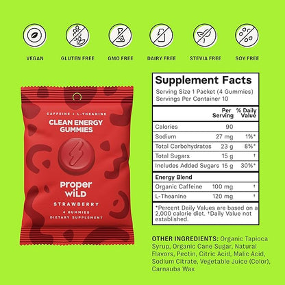 Proper Wild Vegan Energy Gummies with L-Theanine & Organic Caffeine, Clean Energy & Focus, Plant-Based, Gluten-Free, Non-GMO, Dairy-Free, Stevia-Free, Soy-Free, Strawberry (10-Pack)