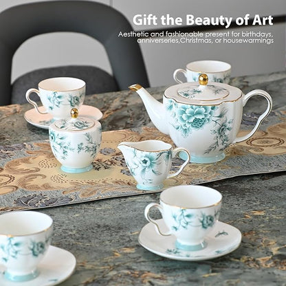 ACMLIFE Bone China Tea Cups and Saucers for 1, 6.8 oz Teacup Set for Adults, with Gold Trim and Gift Box, Blue and White Chinese English British Wedding Tea Set for One Coffee Cup Set (Blue-Leaf)