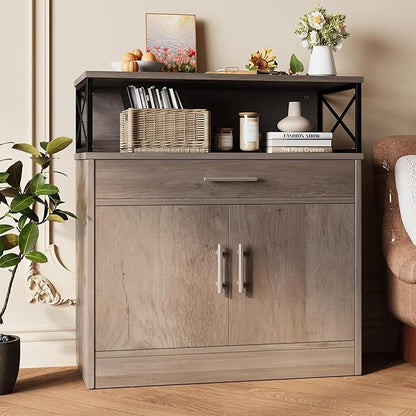 Vongrasig Sideboard Buffet Cabinet with Storage, 32” Modern Kitchen Storage Cabinet with Open Storage, Adjustable Shelf, Wood Farmhouse Coffee Bar Buffet Table for Kitchen, Dining Room, Ash Grey