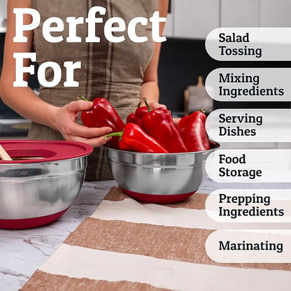 Priority Chef Stainless Steel Mixing Bowls with Lids Set - Premium 30Pcs with 6pc Metal Bowl Set for Kitchen, 3 Graters, Airtight Lids, Non-Slip Bases & Silicone Utensils, Red