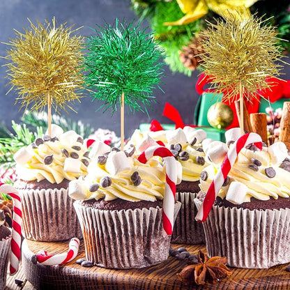 Chinco 100 Pcs Foil Firework Cupcake Toppers Sparkle Tinsel Cake Toppers Cake Decoration Cocktail Fruit Toothpick for Birthday Wedding Graduation Party(Green, Gold)