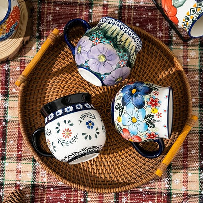 ALMA Handpainted Blue Coffee Mug,Potbelly Ceramic Coffee Mug, Premium Hand Warmer Tea Mug, Microwave & Dishwasher safe-12.85oz(380ml)