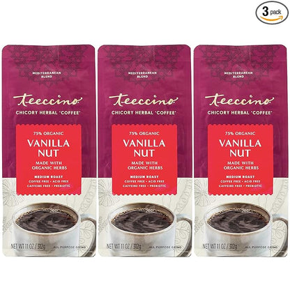 Teeccino Vanilla Nut Chicory Coffee Alternative - 11 Ounce - Ground Herbal Coffee That’s Prebiotic, Caffeine Free & Acid Free, Medium Roast, (Pack of 3)