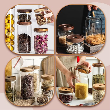 480ML/16Oz Clear Cute Glass Storage Canister Holder with Stackable Airtight Wood Lid, Modern Decorative Small Container Jar for Coffee, Spice, Candy, Salt, Cookie, Condiment, Pepper, Sugar