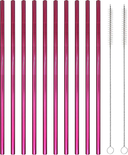 10 Pcs Stainless Steel Straws, Reusable Drinking Straws, Straight Metal Straw Sets with 2 Pcs Cleaning Brushes (8.5 Inch, Rose Red)