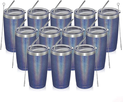 MEWAY 20oz Tumbler 12 Pack Double Wall Vacuum Insulated Travel Glitter Mug Bulk, Stainless Steel Tumblers with Lid and Straw, Powder Coated Coffee Cups for Woman(Rainbow Navy,Set of 12)