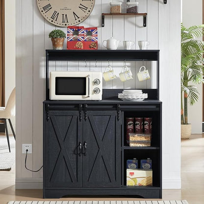 Wnutrees Farmhouse Coffee Bar Cabinet with Charging Station and USB Ports, Sliding Barn Door, 39" Kitchen Hutch Sideboard Buffet Storage Cabinet, Fits Kitchen Dining Living Room, Black