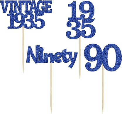 Gyufise 24Pcs Vintage 1935 Cupcake Toppers Glitter Cheers to 90 Fabulous Ninety Cupcake Picks 90th Birthday Wedding Anniversary Party Cake Decorations Supplies Deep Blue