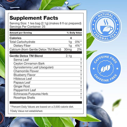 Total Tea SIimming Detox Tea Caffeine Free - 25 Day Detox - Herbal Tea with Chamomile, Hibiscus Tea & Ginger Root for Colon Cleanse – Natural Bluebberry Fruit Tea