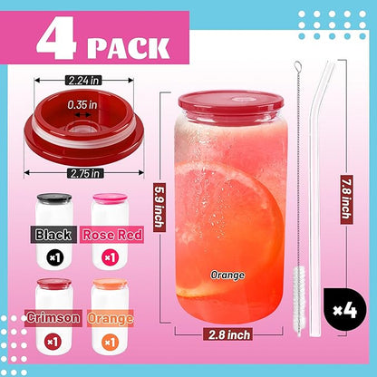 Joyclub 4pcs Glass Cups with Acrylic Lids and Straws 16 oz Can Shaped Glass Iced Coffee Cups with Lids and Straws, Cute Tumbler Cup Drinking Glasses for Smoothie Whiskey Boba Soda Tea Gift