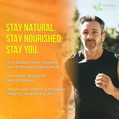 FreshDrinkUS, Premium 90 Pumpkin Seed Oil Gummies For Hair Growth, Youthful Skin, 4000mg Per Serving with Zinc & Vitamin C – Plant-Based, Non-GMO, Sugar/Gluten-Free, Men’s & Women’s Wellness Gummies