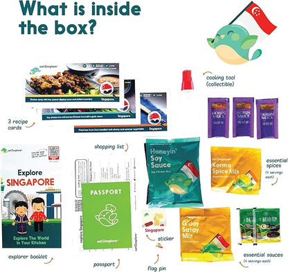 eat2explore Cooking Kits for Kids – Interactive & Educational Kids Cooking Sets Real for Ages 5 and Up,3 Recipe Cards & Global Ingredients – Fun Gift for Young Chefs (Singapore Edition)