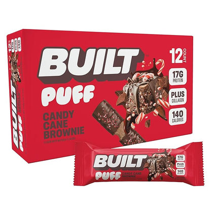 Built Bar, Puff Protein Bars, Candy Cane Brownie, 17g Protein Snacks, On-The-Go Bars, Only 140 Calories, 7g Sugar, Collagen, Gluten Free, 12 Count