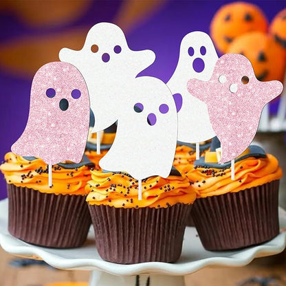 Halloween Ghost Cupcake Decoration 24Pcs Ghost Cupcake Toppers Double Sided Glitter White Pink Halloween Birthday Baby Shower Supplies for Ghost Boo Theme Party Cake Decor
