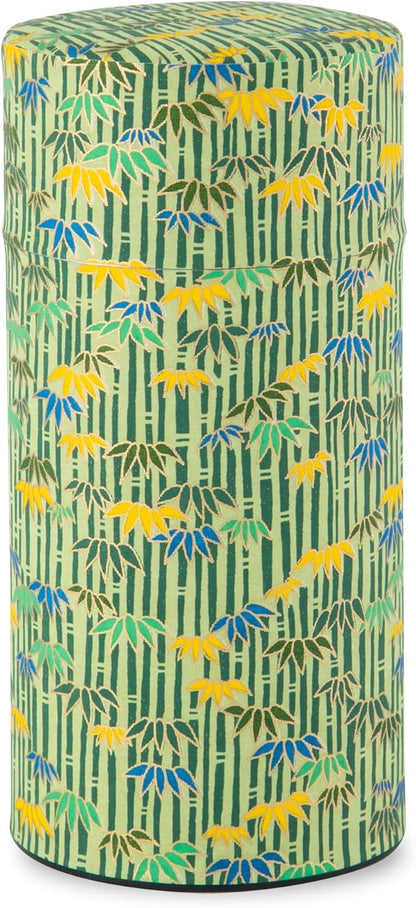 NOREN Japanese Tea Canister Tin (Yuzen Washi Paper - Bamboo/Green), 7.06oz Size/Made in JAPAN with Includes Inner Lid of Airtight Damp-Proof/Kitchen Jar for Loose Leaf Coffee Tea Spice and More