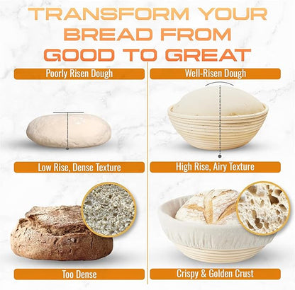 Banneton Bread Proofing Basket Set, 9" Round & 10" Oval Bread Baskets with Liners, Sourdough Starter Kit, Bread Making Tools, Natural Rattan Proofing Bowls for Home Bakers