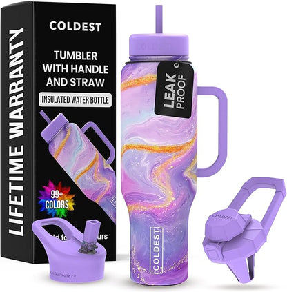 Coldest 40 oz Tumbler with Handle and Straw - 100% Leak Proof Insulated Tumbler with Lid and Straw (3 Lids) - Stainless Steel Tumblers for Women & Men - Cup Holder Friendly Base, 46 oz (Purple Luna)
