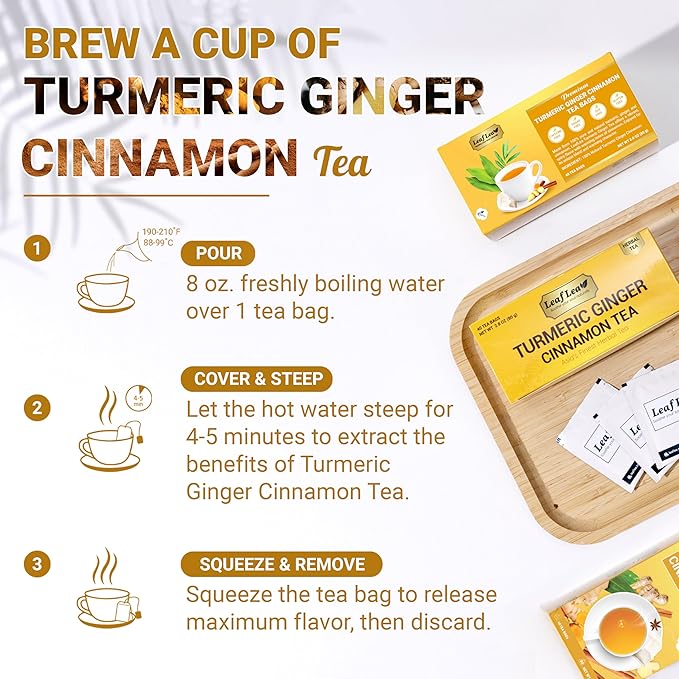 LeafLea 240 Turmeric Ginger Tea Bags, 100% Natural Herbal Blend with Cinnamon, Supports Digestion and Immune Health, Warm and Spicy Flavor, Sugar-Free, Caffeine-Free, Non-GMO, Pack of 6