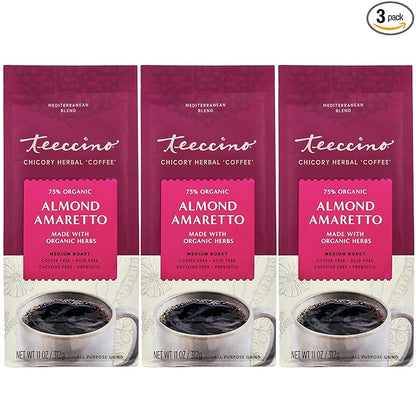 Teeccino Almond Amaretto Chicory Coffee Alternative - Ground Herbal Coffee That’s Prebiotic, Caffeine Free & Acid Free, Medium Roast, 11 Ounce (Pack of 3)