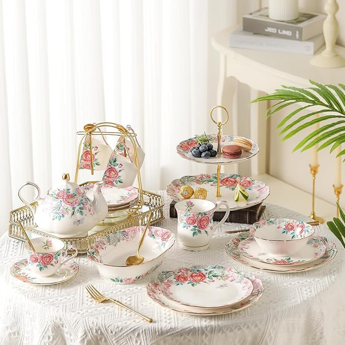Bone China Tea Set, Vintage Floral Coffee Cups and Tea Sets, Porcelain Tea Set With Teapot for Women Tea Party British, Christmas Gifts(Pink)