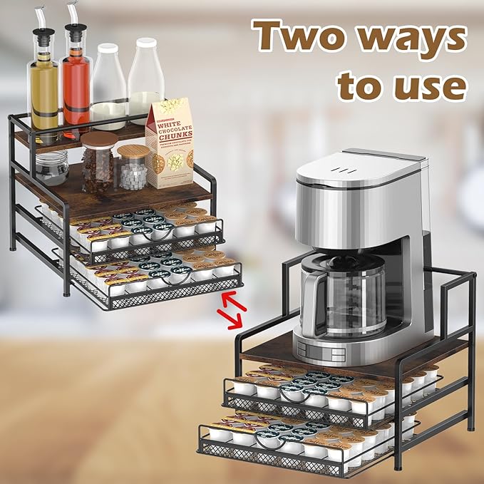 Coffee Bar Organizer, Coffee Pod Organizer,3 Tier Coffee Syrup Rack Organizer,72 K Cup Storage for Counter Storing K Cup,Coffee Syrups, Coffee Makers and Other Coffee Supplies-Rustic Brown
