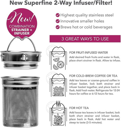 Teabloom ORIGINAL All-Purpose Beverage Tumbler - 16 oz - 480 ml - Brushed Metal Insulated Water Bottle/Tea Flask/Cold Brew Coffee Mug - Extra-Fine Two-Way Infuser Travel Bottle - Ruby Red