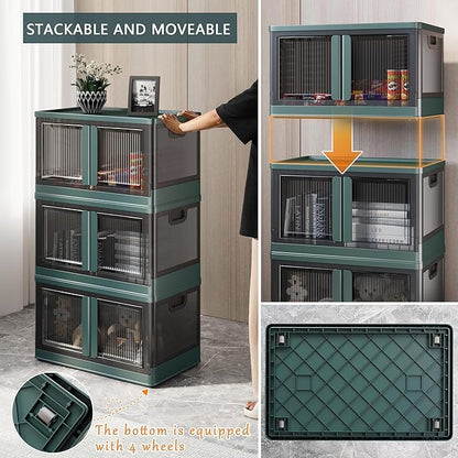 19Gal Collapsible Storage Bins with Lids & Wheels - 2 Pack Stackable with Doors, Heavy-Duty Plastic Containers for Home/Office, Green