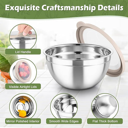 TeamFar Mixing Bowls, 3PCS Stainless Steel Serving Salad Bowls with Lids & 3 Graters, For Kitchen Mixing/Baking/Storing/Prepping, Visible & Airtight, Easy Clean - 4.5/3 / 1.5 QT, Khaki
