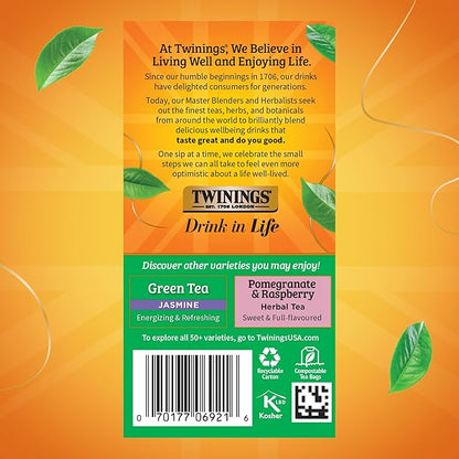 Twinings Green Tea with Pomegranate, Raspberry, & Strawberry Individually Wrapped Bags, 20 Count (Pack of 6), Caffeinated, Enjoy Hot or Iced, 120 Teabags