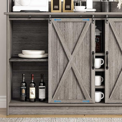 4ever2buy Farmhouse Coffee Bar Cabinet with Sliding Barn Doors, 50 Inch Coffee Bar Hutch with 6 Hooks and 9 Mug Rack, Hutch Cabinet with Storage for Living Room, Wash Grey