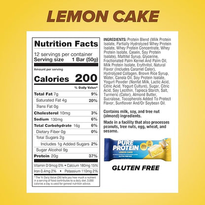 Pure Protein Bars, High Protein, Nutritious Snacks to Support Energy, Low Sugar, Lemon Cake, 1.76 oz, 12 Count (Pack of 1)(Packaging May Vary)