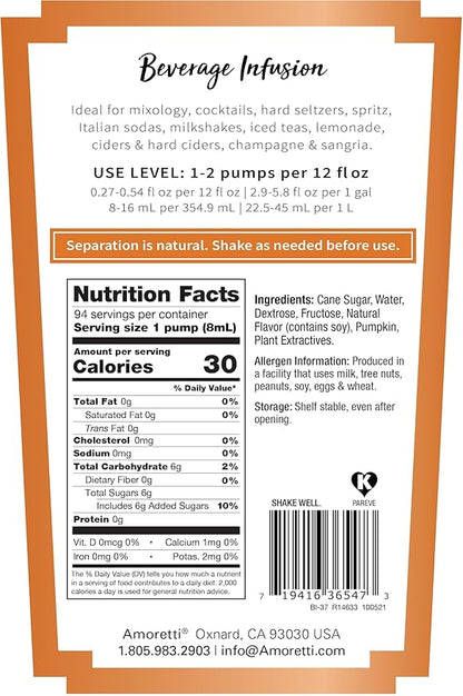Amoretti - Pumpkin Spice Beverage Infusion, 94 Servings Per Bottle (750 ml) - Drink Mix & Water Enhancer with Pump for Flavoring Cocktails, Waters, Teas, and other Beverages, Preservative Free