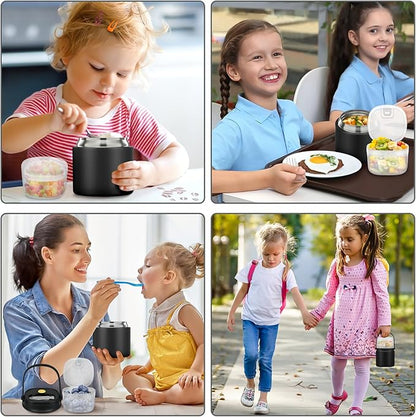 2-in-1 Insulated Food Jar & Snack Container - 15oz Kids Soup Thermos for Hot Food with Handle and Spoon, Leak Proof Reusable Toddler Snack Box, Perfect for School & Travel, Black