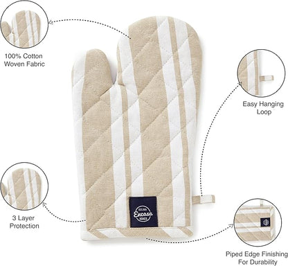 Encasa Homes Long 14 inch Oven Microwave Hand Gloves Mitts (2 pc Set) for Kitchen Cooking & Baking - Heat Resistant, Thick & Safe, Protection of Hands from Hot Utensils - Franca Beige Stripes