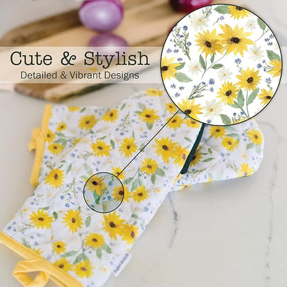 Heat Resistant Designer Kitchen Oven Mitts with Neoprene Non-Slip Grips and Hanging Loops | Set of 2 100% Cotton Long Sleeve Kitchen Oven Mitts | 5.5" x 12" | Sun Flowers