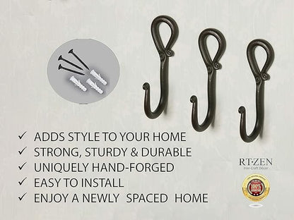 RTZEN Wall Mount Hook Set - Wrought Iron Decorative Rustic Metal Coat Hooks for Hanging - Handcrafted Classic Farmhouse Wall Mounted Black Hooks for Towel Robe or Hat Hanging - 3 Pack