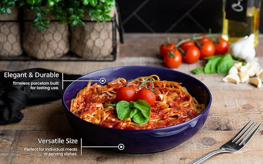 KooK Pasta Bowl, Salad Bowls, Soup, Serving Bowls, Ceramic, Large Capacity, Microwave & Dishwasher Safe, Set of 4, 40 Oz, (Cobalt)