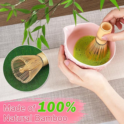 Matcha Whisk Set, Matcha Set 7 Pieces - Ceramic Matcha Bowl with Spout, Bamboo Chasen Whisk & Holder, Scoop, Sifter, Tea Towel - Complete Kit for Matcha Tea Ceremony, Latte, Ideal Gift（Pink）