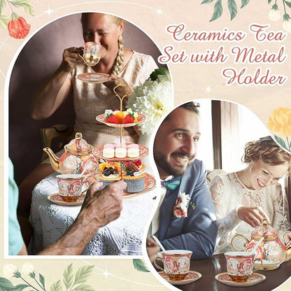 Maxcheck 21 Pcs Tea Party Set for Adults European Floral Tea Set with Metal Holder and 3 Tier Ceramic Cake Stand Porcelain Flower Cup Teapot for Dessert Cupcake(Romantic Style)