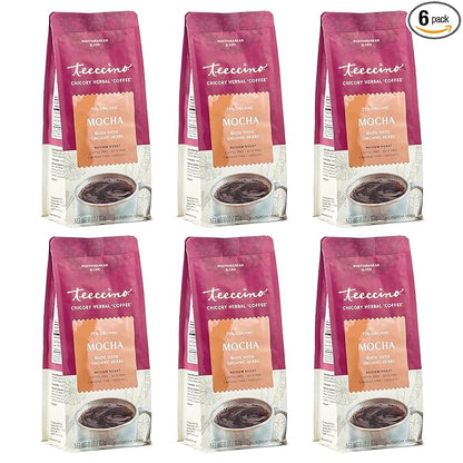 Teeccino Mocha Chicory Coffee Alternative - Ground Herbal Coffee That’s Prebiotic, Caffeine-Free & Acid Free, Medium Roast, 11 Ounce (Pack of 6)