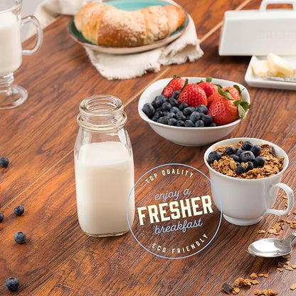 kitchentoolz 12 Oz Square Glass Milk Jugs with Caps - Perfect Milk Container for Refrigerator - 12 Ounce Glass Milk Bottle with Tamper Proof Lid and Pour Spout - Pack of 2
