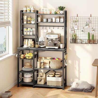 Baker Rack with Power Outlet - Microwave Stand with Storage, Large Coffee Bar Station with 14 Hooks, Metal Kitchen Shelf Rack for Spices, Pots (Rustic Grey)